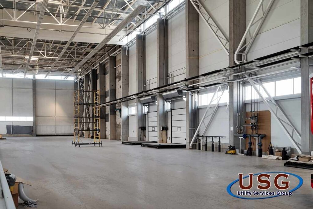 image of commercial floor and USG logo. This is an article cover image for "Commercial Floor Leveling: How USG Can Restore Floors in Your Commercial Facility