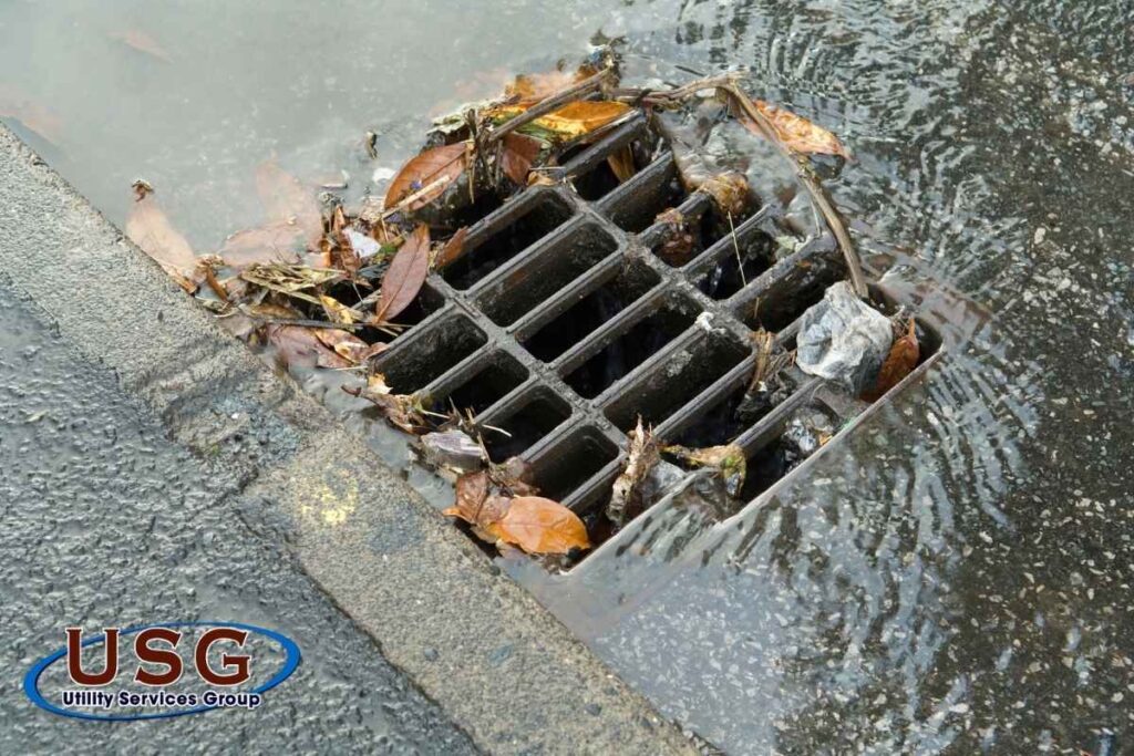 image of stormwater drain and USG logo. This is an article cover image for "How Polyurethane Has Changed Infrastructure Repair and Maintenance"